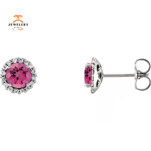 14KT GOLD 0.56 CTW PINK TOURMALINE & 1/8 CTW DIAMOND HALO EARRINGS