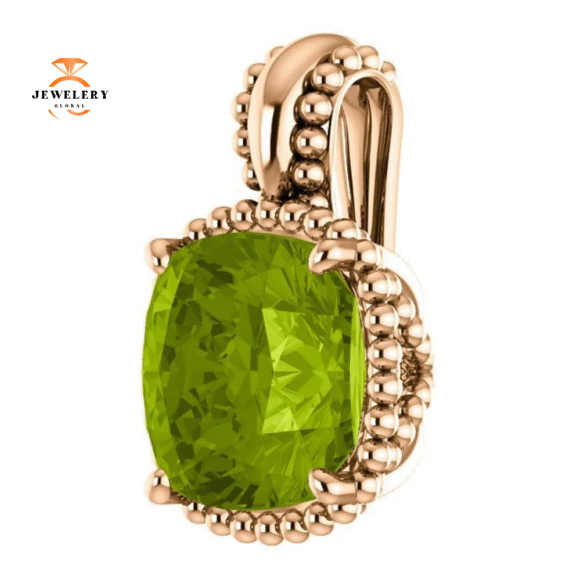 14KT GOLD 2.40 CT PERIDOT BEADED CUSHION PENDANT - Image 8