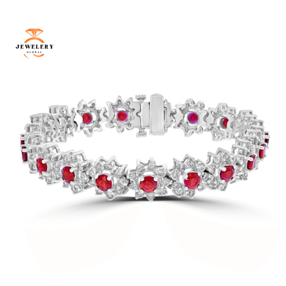 14KT GOLD 6.35 CTW RUBY & 5.62 CTW DIAMOND HALO BRACELET