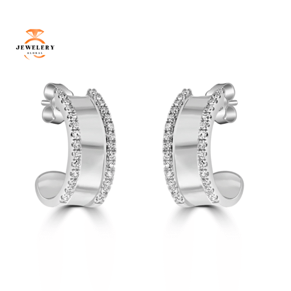14KT WHITE GOLD 0.17 CTW DIAMOND 2 ROW J HOOP EARRINGS - Image 2