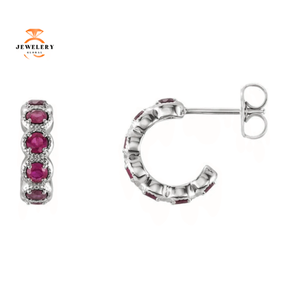 14KT GOLD 1.26 CTW ROUND RUBY J HOOP EARRINGS - Image 3