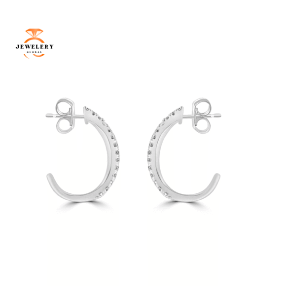 14KT WHITE GOLD 0.17 CTW DIAMOND 2 ROW J HOOP EARRINGS - Image 3