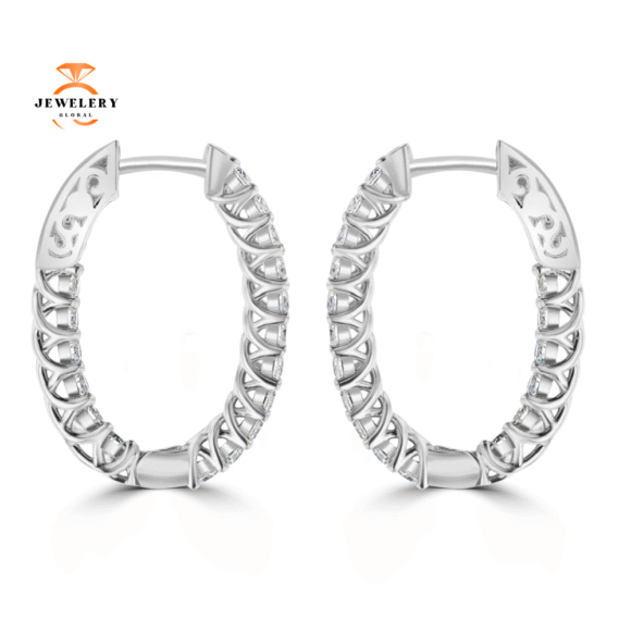 14KT WHITE GOLD 0.95 CTW DIAMOND TRELLIS HOOP EARRINGS - Image 2