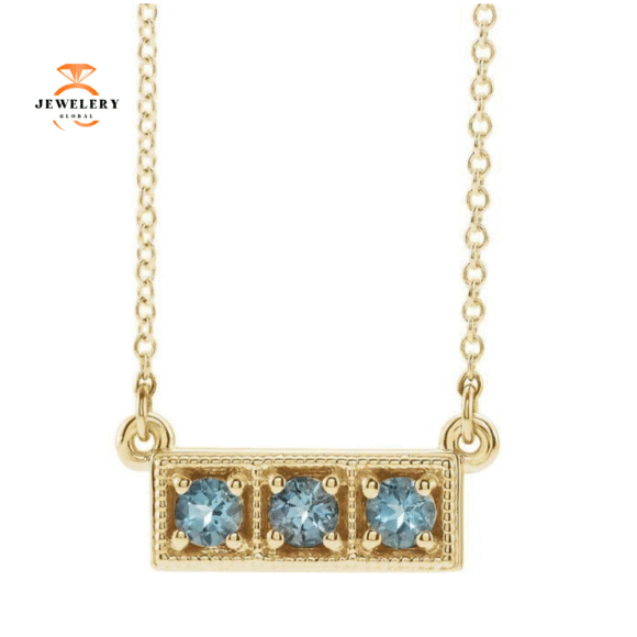 14KT GOLD 0.30 CTW ROUND AQUAMARINE 3 STONE PETITE BAR NECKLACE - Image 3