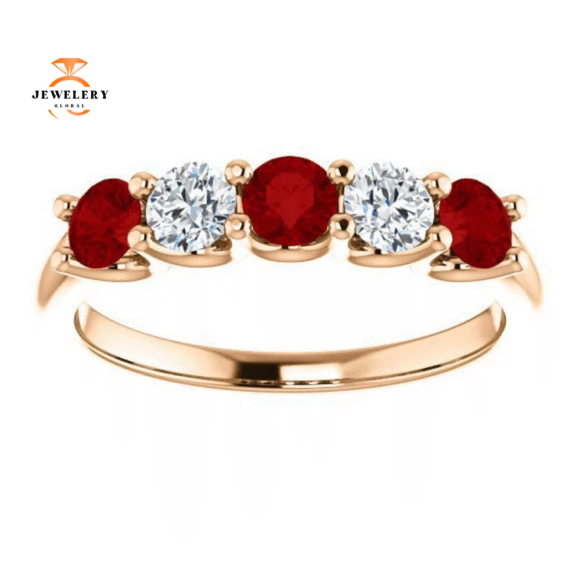 14KT GOLD 0.75 CTW RUBY & 0.30 CTW DIAMOND 5 STONE BAND - Image 3