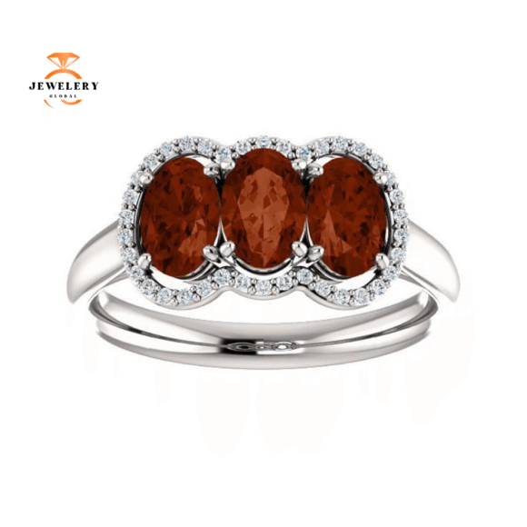 14KT GOLD 1.74 CTW GARNET & .10 CTW DIAMOND 3 STONE OVAL HALO RING - Image 8