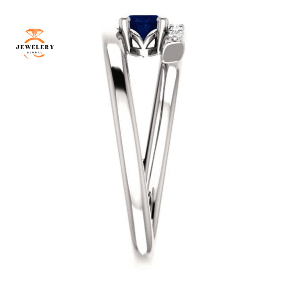 14KT GOLD BLUE SAPPHIRE & 1/8 CTW DIAMOND BYPASS RING - Image 2
