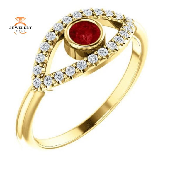 14KT GOLD RUBY & WHITE SAPPHIRE EVIL EYE RING - Image 7