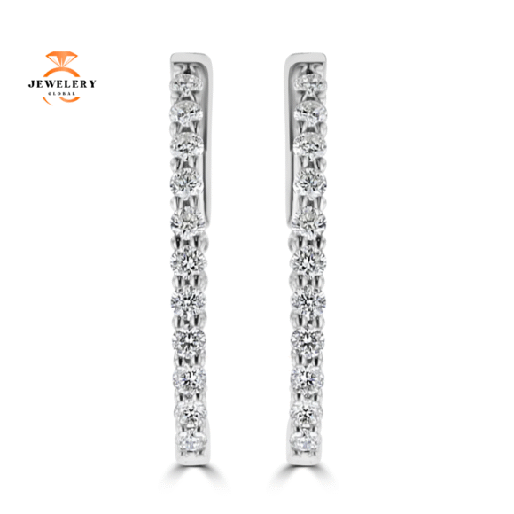 14KT WHITE GOLD 0.95 CTW DIAMOND TRELLIS HOOP EARRINGS - Image 3
