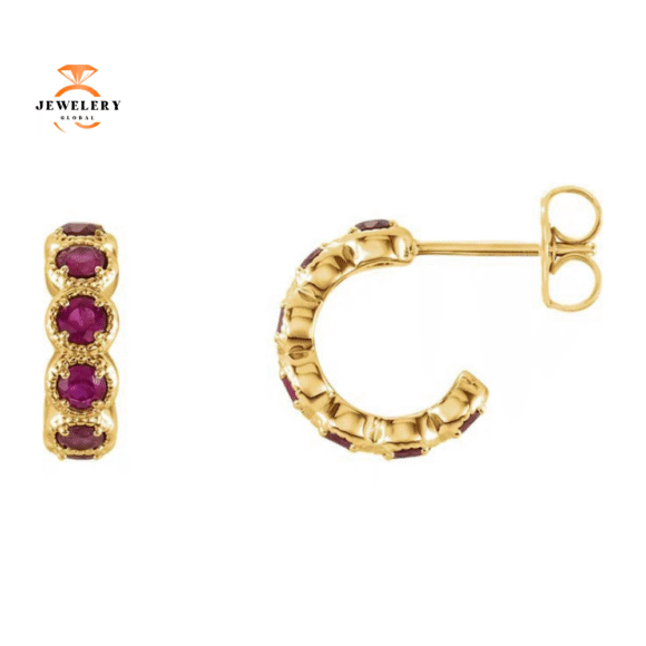 14KT GOLD 1.26 CTW ROUND RUBY J HOOP EARRINGS - Image 5