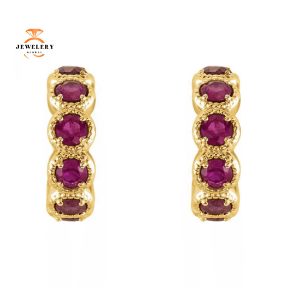 14KT GOLD 1.26 CTW ROUND RUBY J HOOP EARRINGS - Image 6