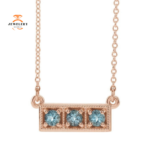 14KT GOLD 0.30 CTW ROUND AQUAMARINE 3 STONE PETITE BAR NECKLACE - Image 5