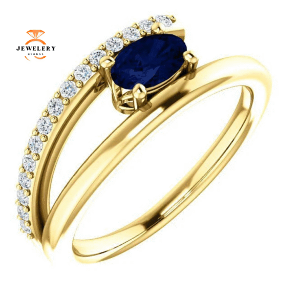 14KT GOLD BLUE SAPPHIRE & 1/8 CTW DIAMOND BYPASS RING - Image 4