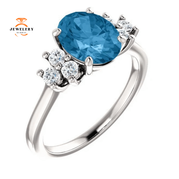 14KT GOLD 2.40 CT SWISS BLUE TOPAZ & 1/4 CTW DIAMOND ACCENT RING