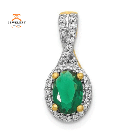 14KT HALO TWISTED DIAMOND AND OVAL EMERALD PENDANT