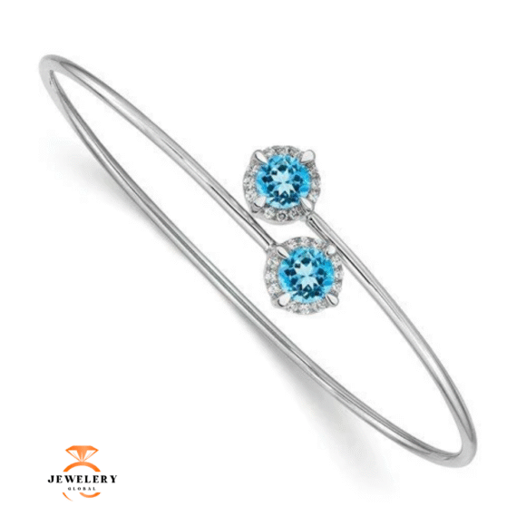 14KT WHITE GOLD 1 & 1/5 CARAT BLUE TOPAZ & DIAMOND FLEXIBLE BANGLE