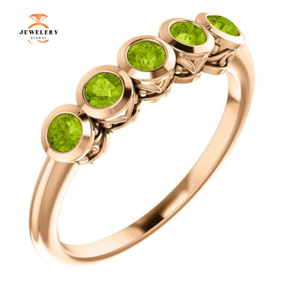 14KT GOLD .45 CTW ROUND PERIDOT BEZEL-SET 5 STONE RING - Image 9