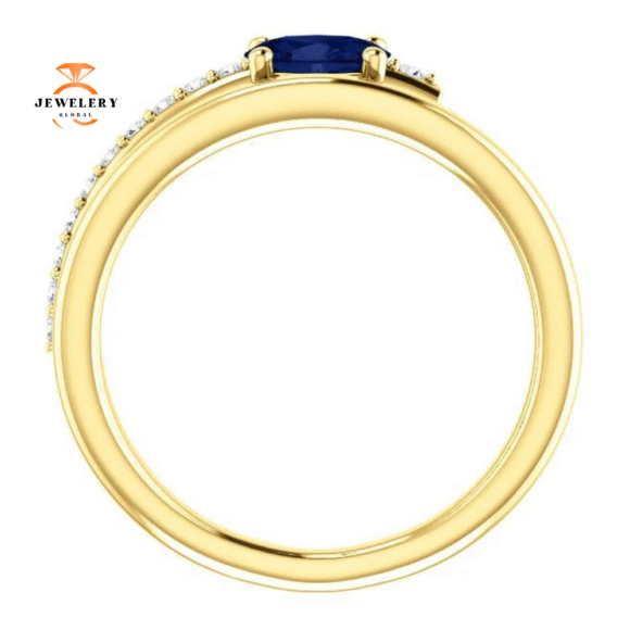 14KT GOLD BLUE SAPPHIRE & 1/8 CTW DIAMOND BYPASS RING - Image 6