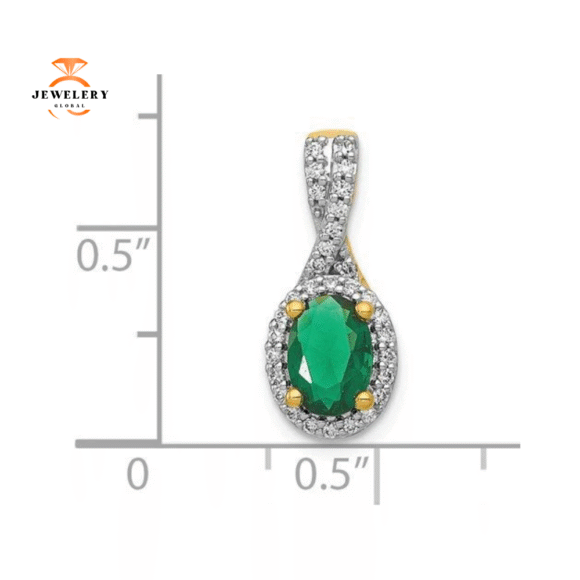 14KT HALO TWISTED DIAMOND AND OVAL EMERALD PENDANT - Image 2