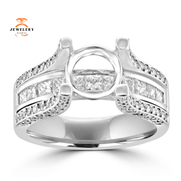 14KT White Gold 1 1/4 CTW Diamond Accent Setting for 2 CT Round