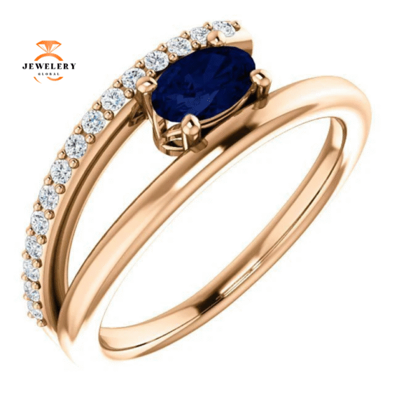 14KT GOLD BLUE SAPPHIRE & 1/8 CTW DIAMOND BYPASS RING - Image 7