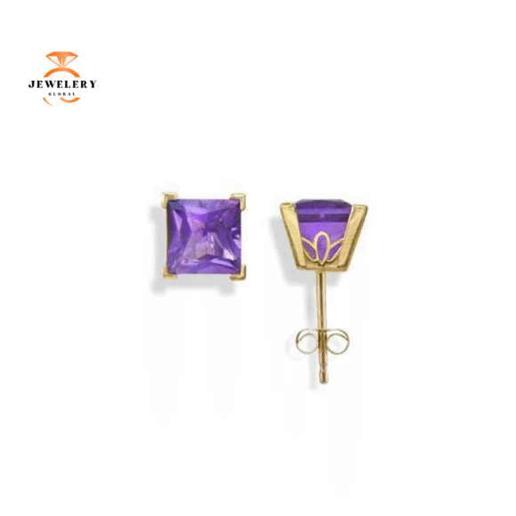 14KT GOLD PRINCESS CUT AMETHYST SCROLL EARRINGS