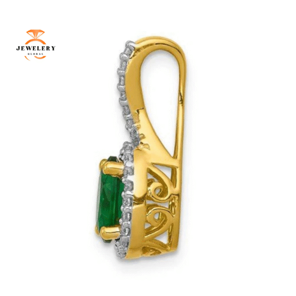 14KT HALO TWISTED DIAMOND AND OVAL EMERALD PENDANT - Image 4