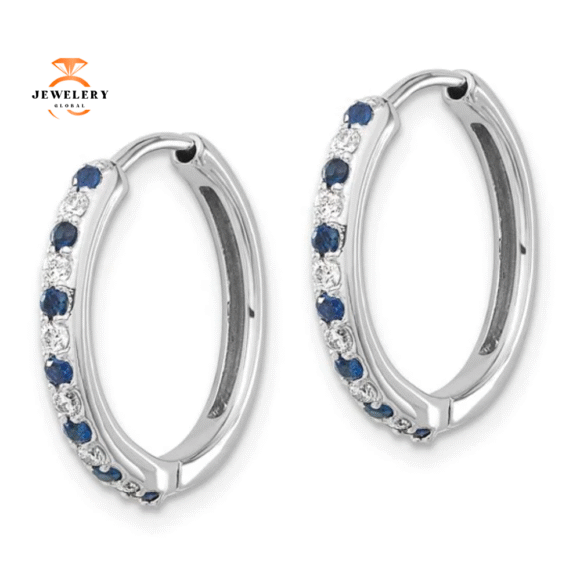 14KT WHITE GOLD 0.21 CTW SAPPHIRE & 0.18 CTW DIAMOND HOOP EARRINGS - Image 3