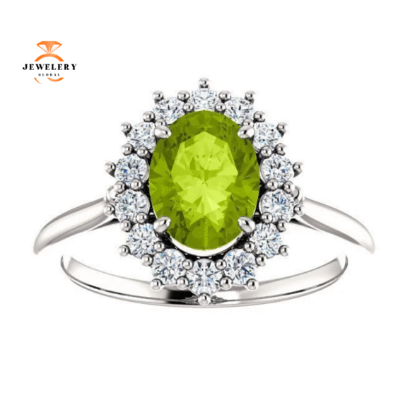 14KT GOLD PERIDOT & DIAMOND OVAL HALO RING - Image 5