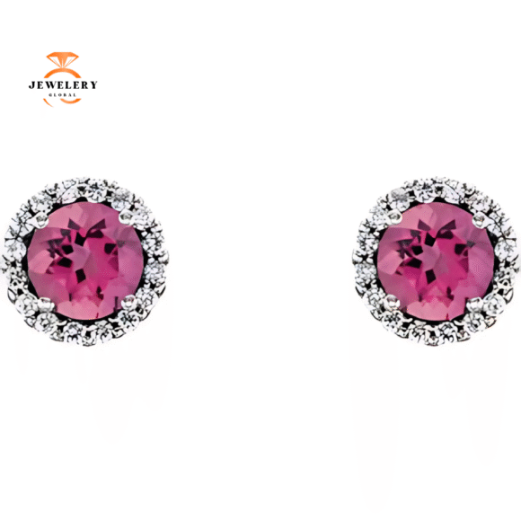 14KT GOLD 0.56 CTW PINK TOURMALINE & 1/8 CTW DIAMOND HALO EARRINGS - Image 2