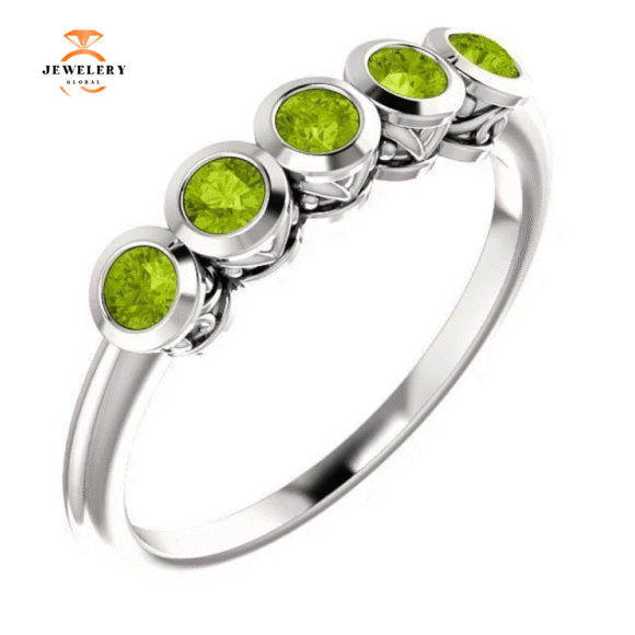 14KT GOLD .45 CTW ROUND PERIDOT BEZEL-SET 5 STONE RING