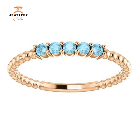 14KT GOLD 0.15 CTW ROUND AQUAMARINE 5 STONE BEADED STACKABLE RING - Image 2