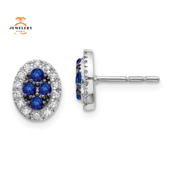 14KT GOLD 0.40 CTW SAPPHIRE & 0.14 CTW DIAMOND OVAL CLUSTER HALO EARRINGS