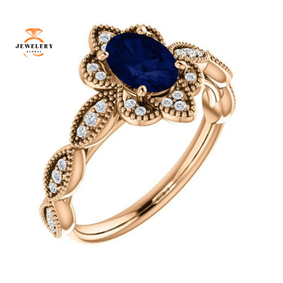 14KT GOLD 1.00 CT OVAL SAPPHIRE AND DIAMOND MILGRAIN RING