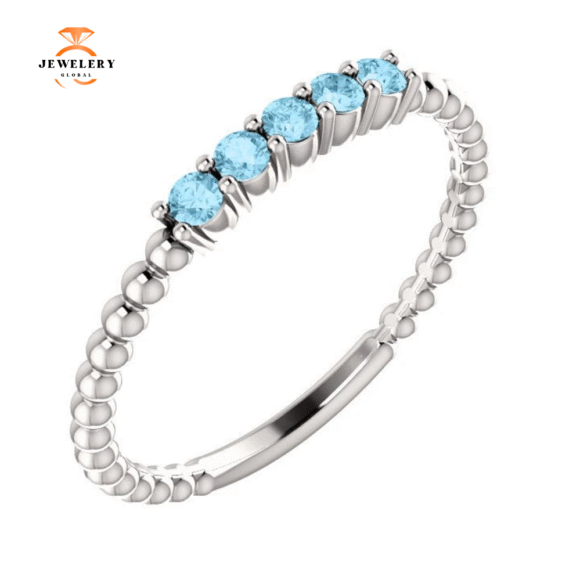 14KT GOLD 0.15 CTW ROUND AQUAMARINE 5 STONE BEADED STACKABLE RING - Image 5