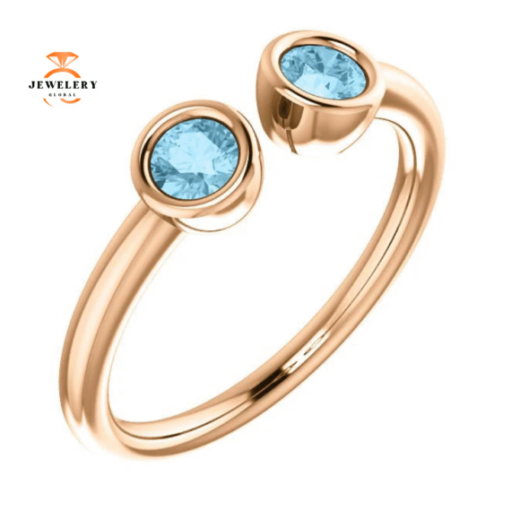 14KT GOLD 0.32 CTW AQUAMARINE 2 STONE BEZEL-SET CUFF RING