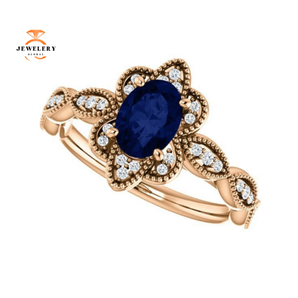 14KT GOLD 1.00 CT OVAL SAPPHIRE AND DIAMOND MILGRAIN RING - Image 2