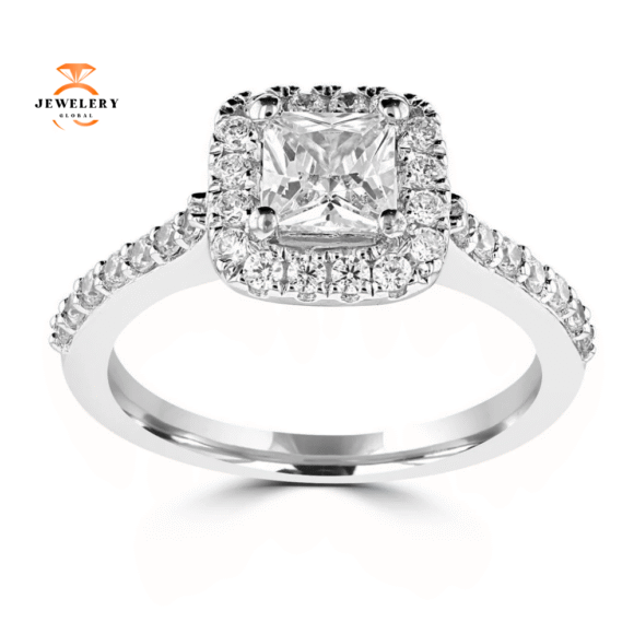 14KT WHITE GOLD 1 1/4 CTW PRINCESS CUT DIAMOND ACCENT HALO RING