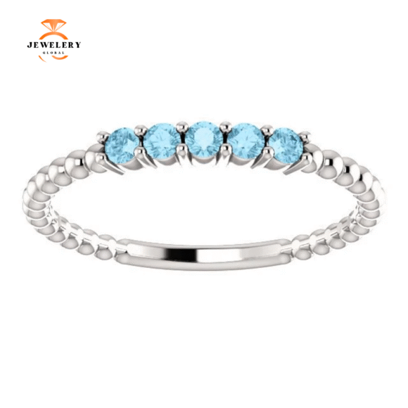14KT GOLD 0.15 CTW ROUND AQUAMARINE 5 STONE BEADED STACKABLE RING - Image 6