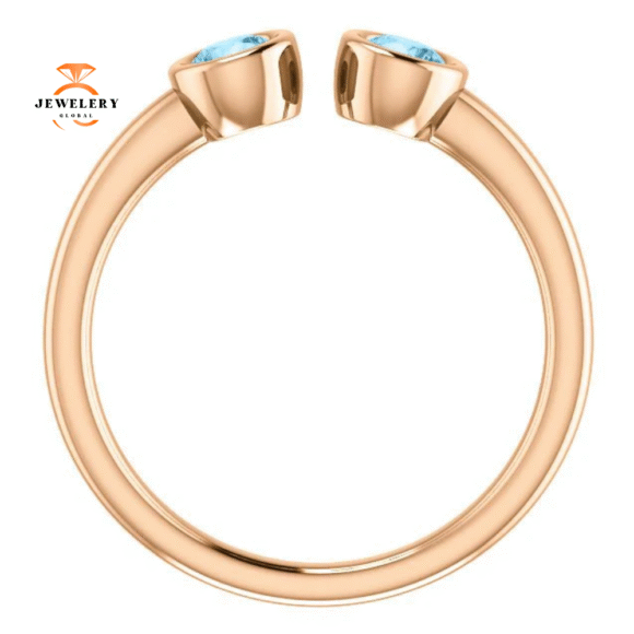14KT GOLD 0.32 CTW AQUAMARINE 2 STONE BEZEL-SET CUFF RING - Image 2