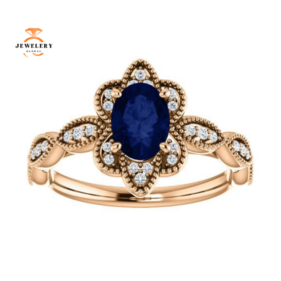 14KT GOLD 1.00 CT OVAL SAPPHIRE AND DIAMOND MILGRAIN RING - Image 3