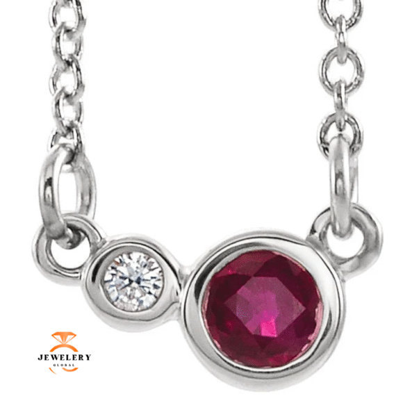 14KT GOLD GENUINE RUBY & DIAMOND 2 STONE BEZEL-SET PETITE NECKLACE - Image 2