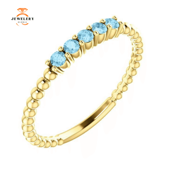 14KT GOLD 0.15 CTW ROUND AQUAMARINE 5 STONE BEADED STACKABLE RING - Image 3