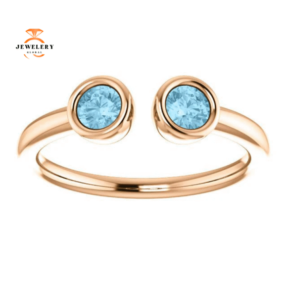 14KT GOLD 0.32 CTW AQUAMARINE 2 STONE BEZEL-SET CUFF RING - Image 3