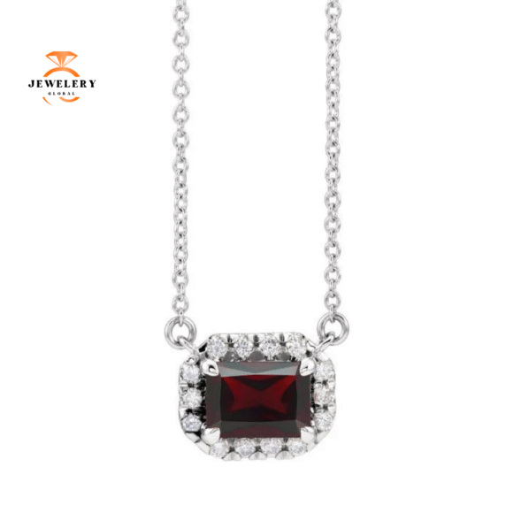 14KT GOLD 0.41 CT GARNET AND 1/8 CTW DIAMOND HALO NECKLACE