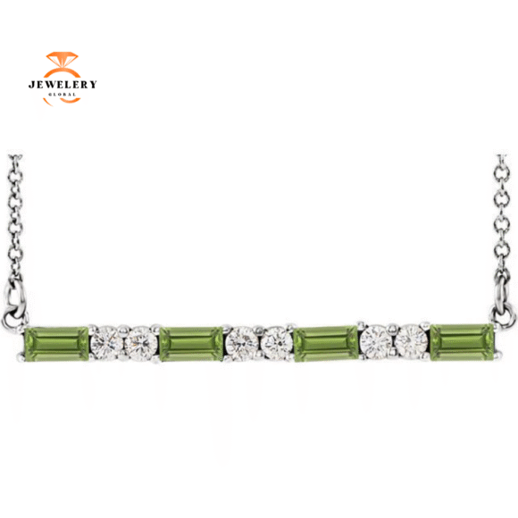 14KT GOLD 0.60 CT PERIDOT & 0.20 CTW DIAMOND ACCENT BAR NECKLACE