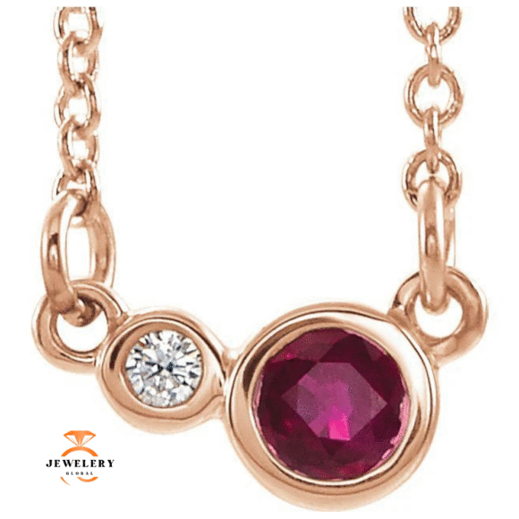 14KT GOLD GENUINE RUBY & DIAMOND 2 STONE BEZEL-SET PETITE NECKLACE - Image 3
