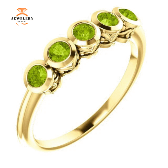 14KT GOLD .45 CTW ROUND PERIDOT BEZEL-SET 5 STONE RING - Image 5