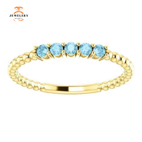 14KT GOLD 0.15 CTW ROUND AQUAMARINE 5 STONE BEADED STACKABLE RING - Image 4