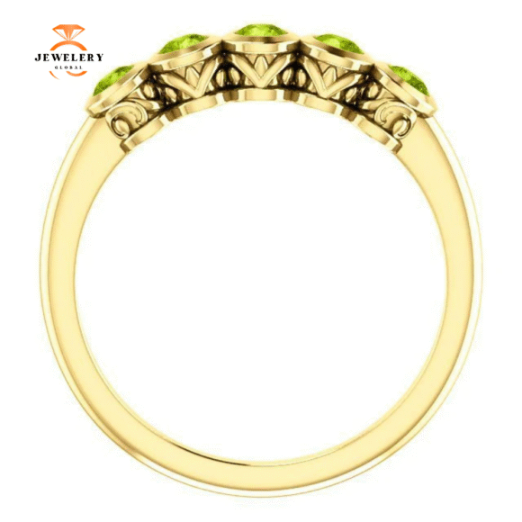 14KT GOLD .45 CTW ROUND PERIDOT BEZEL-SET 5 STONE RING - Image 6